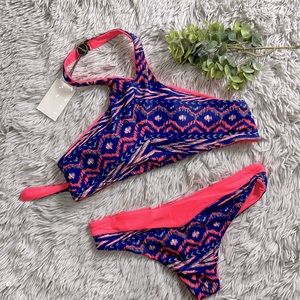 NWT khong boon blue and pink tribal pattern bikini set size s